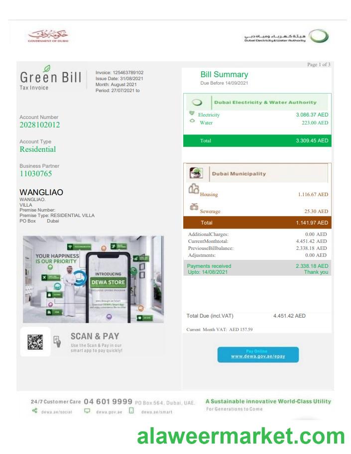 United Arab Emirates Dubai Green utility bill template in Word and PDF format, fully editable